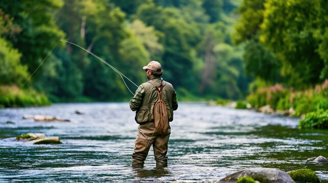 Fly Fishing Man Standing in River Surrounded by Green Forest Nature
