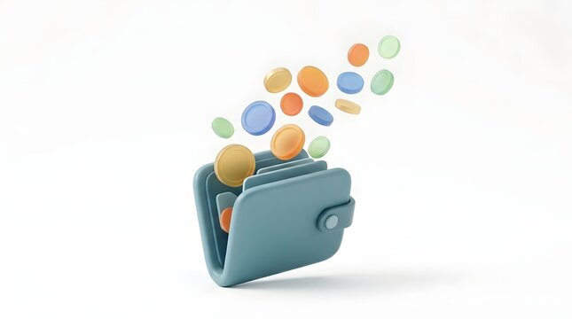 A teal wallet spills colorful coins onto a white surface freely