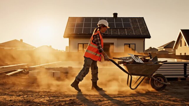 A determined worker navigates a bustling construction site at sunset, pushing a wheelbarrow filled with essential materials. Dust swirls in the warm golden light, highlighting the effort and progress.