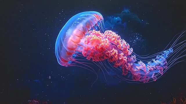 A glowing jellyfish swims through the dark deep ocean waters