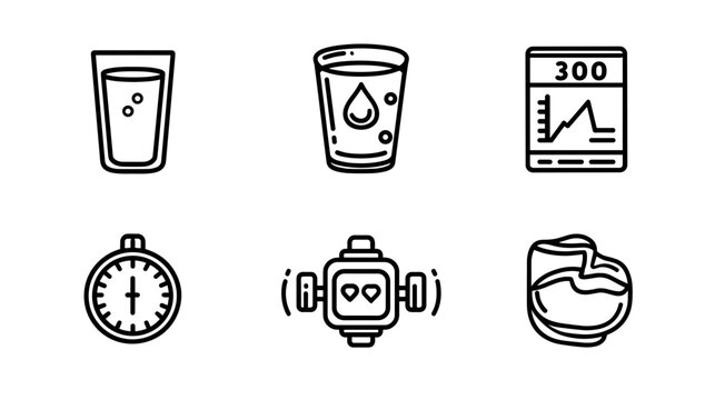 Collection of Minimalistic Icons Representing Hydration, Fitness Tracking, and Health Measurement