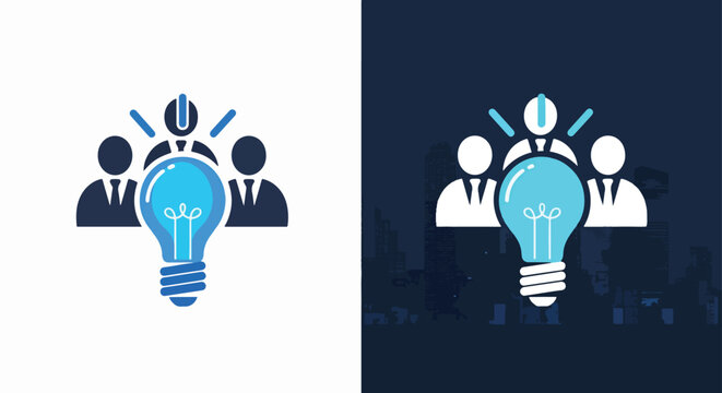 Team brainstorming with bright light bulb: Clipart, sticker - icon set - Line and glyph solid icon and logo template 