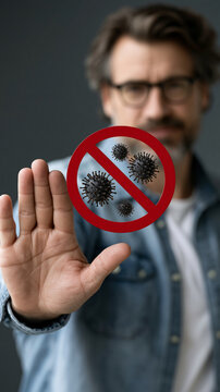 Stop the Virus: A middle-aged man with glasses holds up his hand in a stop gesture, superimposed with a red circle and a line indicating prohibition against virus particles.