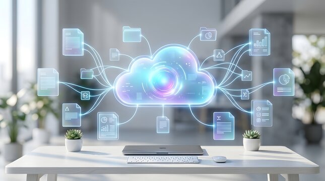 A futuristic cloud computing network hovers above a modern office desk with a laptop.