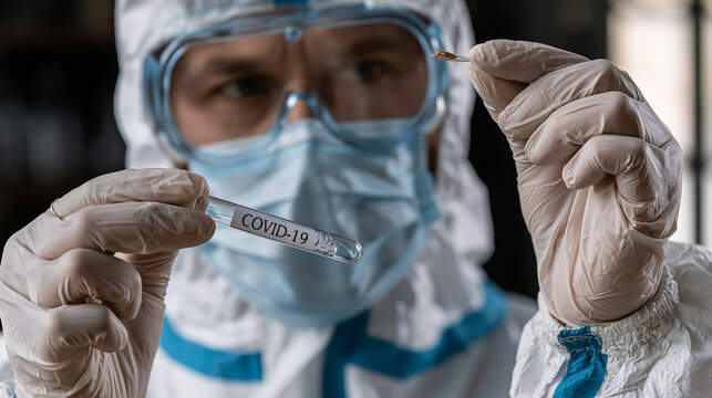 COVID-19 Test Tube Examination: A scientist in protective gear examines a COVID-19 test tube, highlighting the ongoing efforts in medical research and diagnostics against the global pandemic.