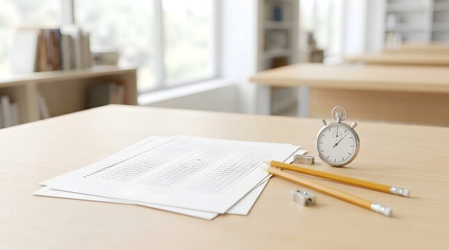 A cluttered desk with papers, pencils, and an alarm clock in a classroom setting