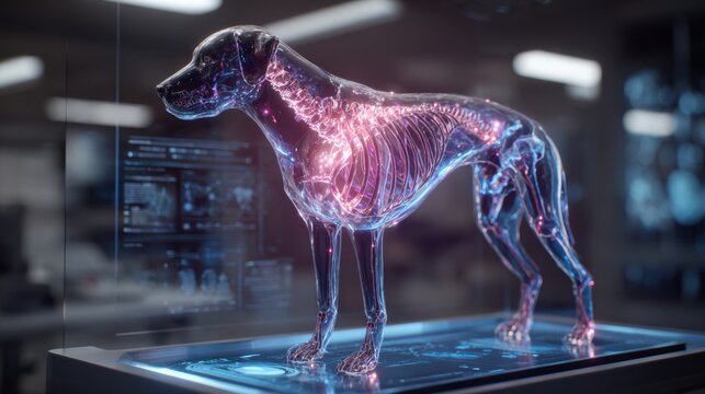 A futuristic 3D anatomical model of a dog, showcasing its skeletal structure and glowing internal organs with intricate digital displays and data interfaces in the background.
