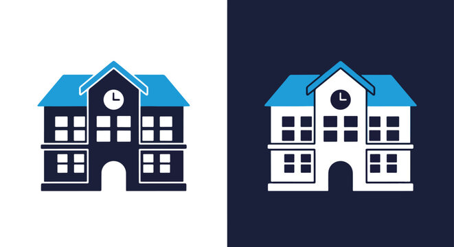 School building clock icon set design: Clipart, sticker - icon set - Line and glyph solid icon and logo template 