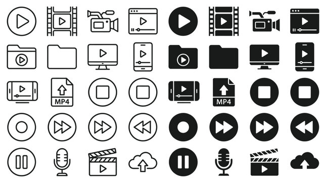 Set of professional video and media player interface icons created in a clean vector style format