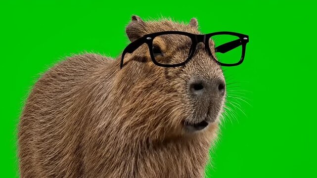 A Cute Capybara Wearing Glasses on a Green Screen Background