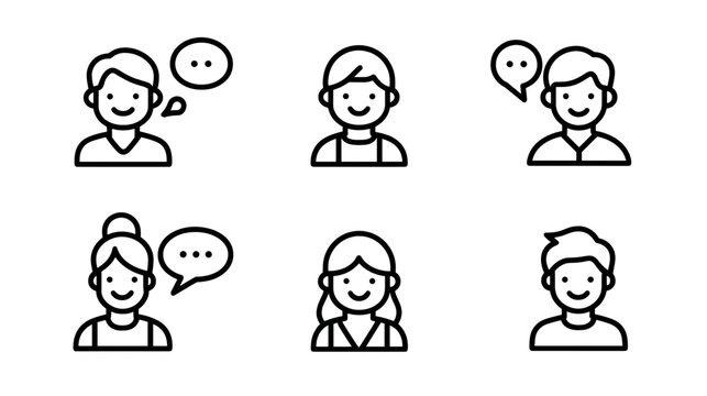 Collection of Six Simple Line Icons Representing Various Human Expressions and Communications