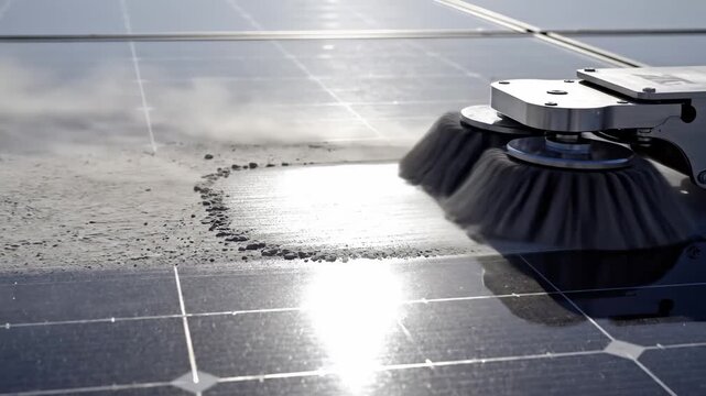 A cutting-edge robotic device diligently cleans solar panels under the radiant sunlight, ensuring optimal performance by removing dust and debris with precision and care.