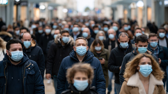 Masked Crowd: A dense crowd of people walk in a city street, all wearing protective face masks, reflecting the widespread concern and precautionary measures during a pandemic.