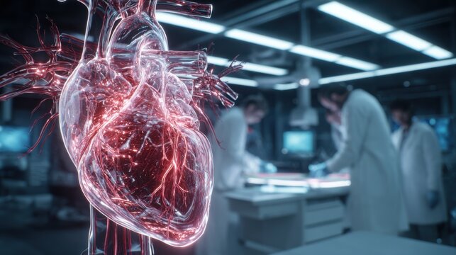 A translucent heart with glowing red veins, representing the circulatory system, sits in the foreground. In the background, scientists in lab coats are working in a modern laboratory setting.