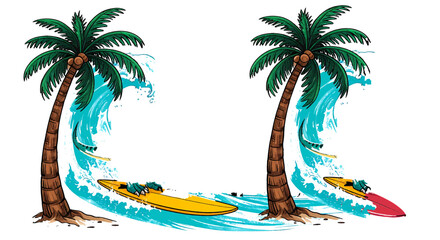 Naklejka premium Tropical Paradise Scene: Two iconic palm trees frame a vibrant depiction of a tropical beach scene, complete with crashing waves and surfboards, evoking a sense of sun-drenched adventure.