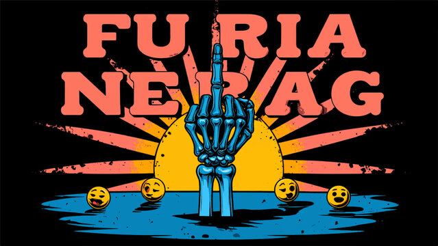 Middle Finger Graphic: A striking graphic featuring a skeletal hand giving the middle finger, set against a retro sunset with distressed text and floating smiley faces.