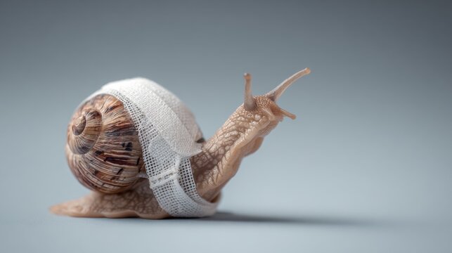 A snail with a bandage wrapped around its shell and body, moving slowly forward. Its antennae are extended, and it looks like it's injured or recovering
