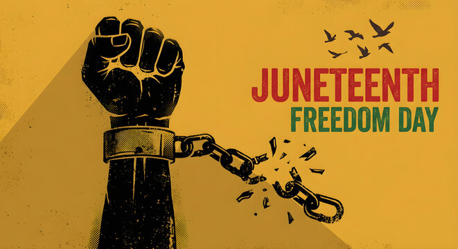 Juneteenth Celebration Scene with Freedom Day Banner and Chain Break Symbol