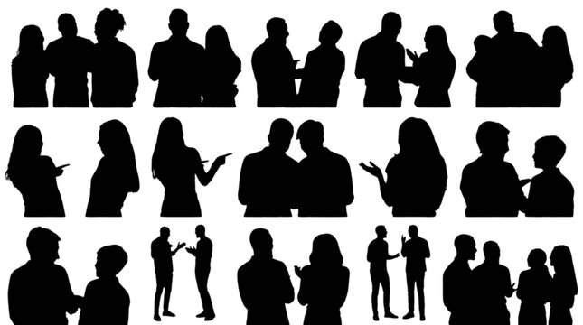 Silhouette people icons in casual poses isolated on transparent background, Vector