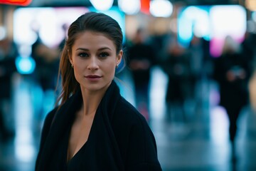 Obraz premium Young caucasian woman with confident expression in urban night scene