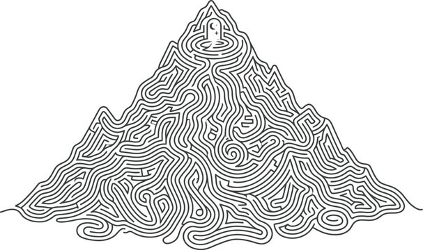 Intricate mountain maze line art illustration on a white background a complex peak design for adventure concepts