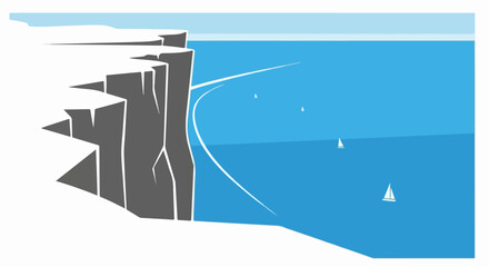 Fototapeta premium Stylized cliff face overlooking blue water with sailboats and distant horizon