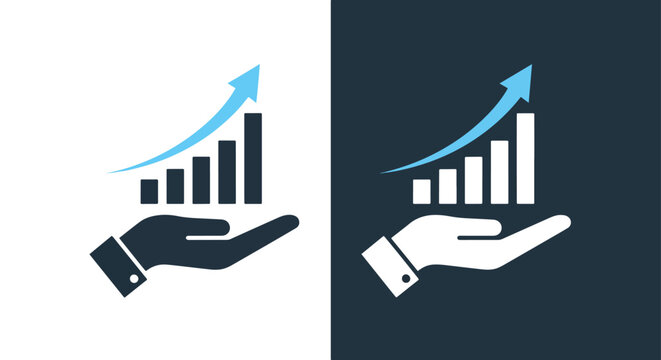 Hand holding growth bar chart icon: Clipart, sticker - icon set - Line and glyph solid icon and logo template 