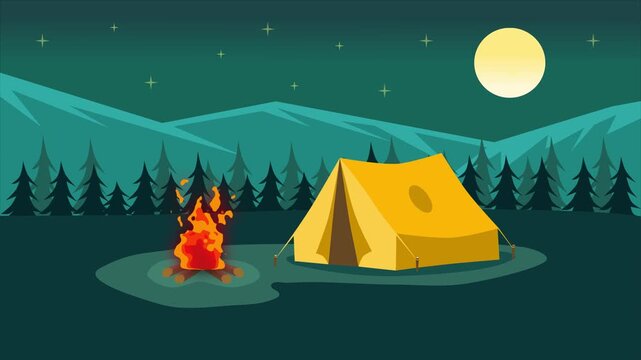 Camping at night in the forest with a tent and a campfire. Mountains and full moon in background.