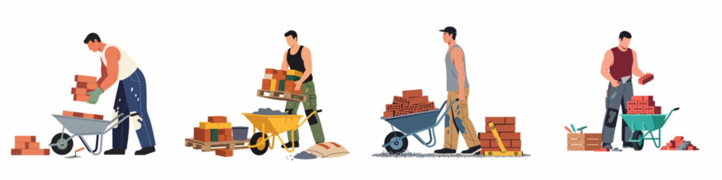 Flat vector illustrations of construction workers and masons building with bricks and using wheelbarrows on a white background.
