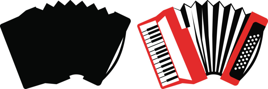 Classic red and black piano accordion musical instrument with folded bellows and keys displayed alongside its matching solid black silhouette shape design element.