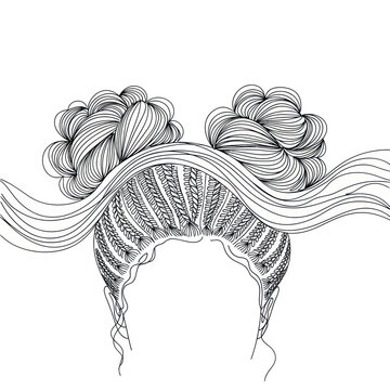 Artistic Hairstyle Drawing: Braids and Double Buns