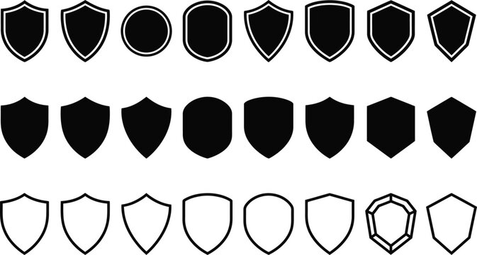 Shield icon set collection black and white vector graphics for security and protection concepts