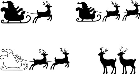 Black silhouettes of Santa Claus sleigh with reindeer in festive variations, Christmas holiday illustration showing seasonal design and celebration concepts © MdMotahar