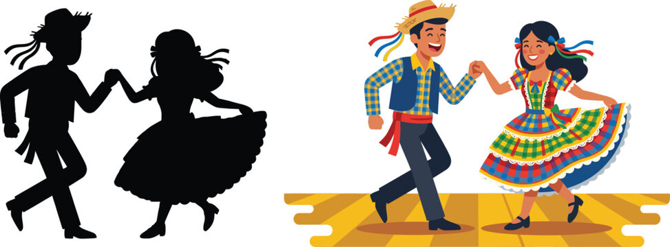 Cheerful Brazilian couple happily dancing the traditional Festa Junina quadrilha in colorful caipira costumes with ribbons alongside their matching black silhouette.