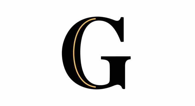 Black capital letter G with a thin yellow curved line