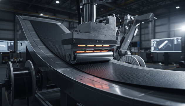 Automated Fiber Placement AFP process pressing carbon fiber tapes on mold