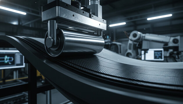Automated Fiber Placement AFP process pressing carbon fiber tapes on mold