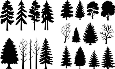 Obraz premium Tree Silhouette Collection Featuring Pine Fir and Leafless Forest Trees for Nature Landscape and Environmental Vector Design Projects