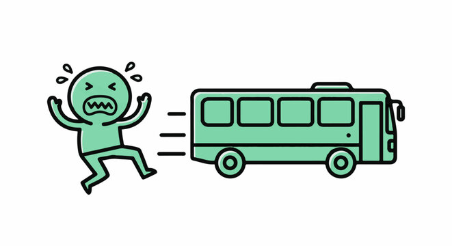 Cartoon creature startled by approaching green bus.