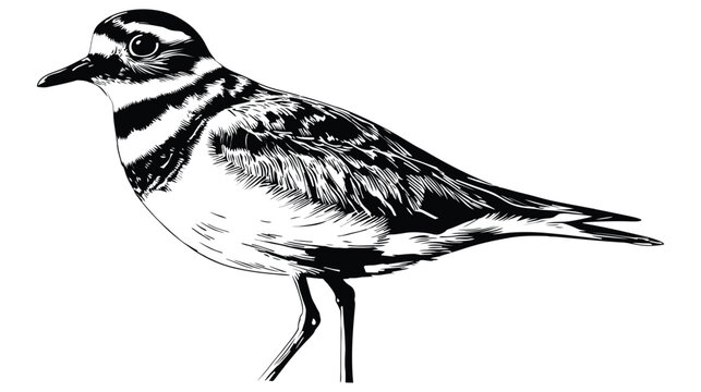 Black and white illustration of a killdeer plover shorebird