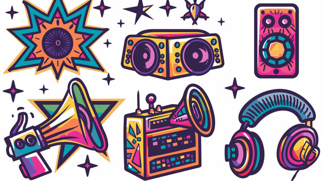 Colorful Retro Music Icons Including Headphones, Speakers, and Loudspeakers in Dynamic Design