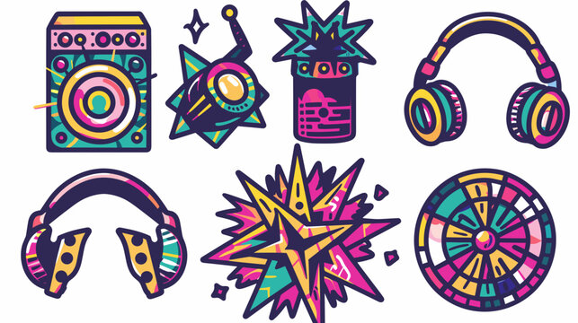Colorful Retro Music Equipment Including Headphones, Speaker, And Fun Abstract Elements