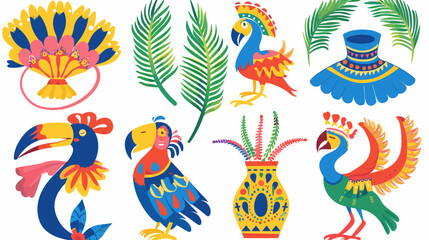 Naklejka premium Colorful Tropical Bird Illustrations Featuring Parrots and Toucans with Vibrant Decorative Elements