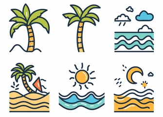 Obraz premium Colorful Tropical Elements Featuring Palm Trees, Waves, Sun, and Beach Scenes in Vibrant Style