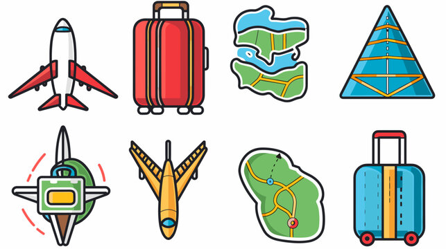 Colorful Travel Icons Representing Airplanes, Luggage, Maps, Pyramids, and Adventure Elements