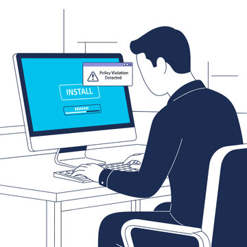Man sitting at a desk installing software on a computer, receiving a system warning alert, digital technology concept, cybersecurity issue, data