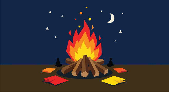 Glowing warm campfire with burning wood logs under a dark starry night sky and crescent moon featuring tiny silhouette figures sitting peacefully outdoors in nature.