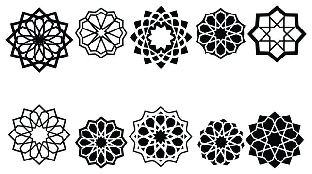 Set of ten black islamic geometric patterns, ornamental star