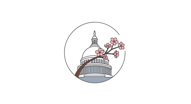 Illustrated capitol building with blooming cherry blossoms.