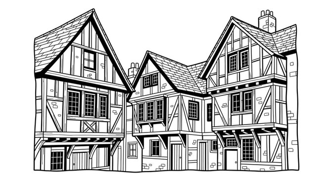 Illustration of Historic Half Timbered Medieval Houses Together.